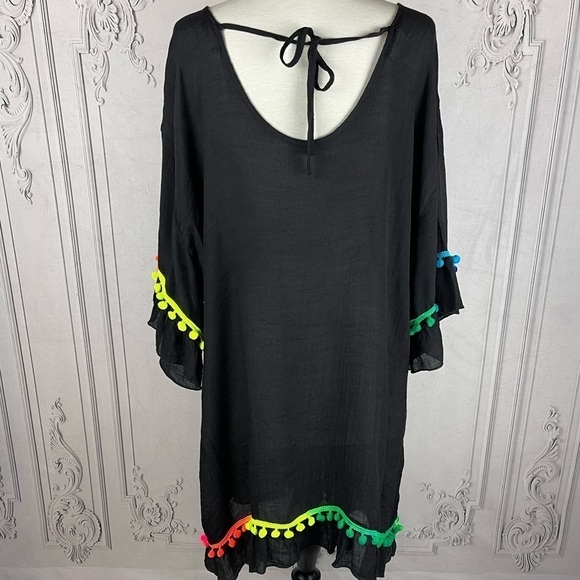 Festive Pom Pom  Loose Fit Short Ruffle Sleeves V-Neck Dress Swimsuit Coverup - Picture 3 of 5